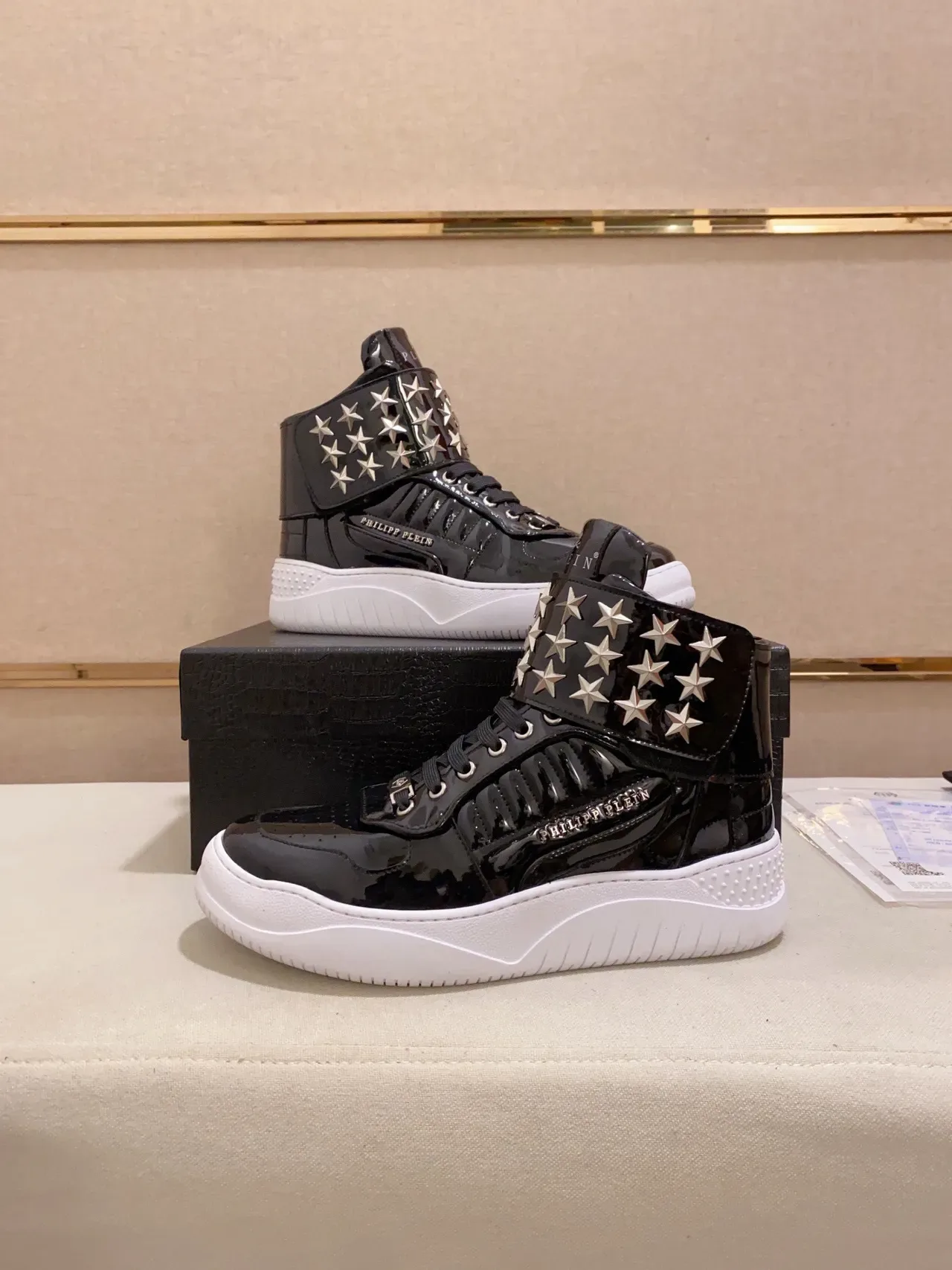 Philipp Plein Black White Glossy Patent Star-Studded Ankle Strap Lifestyle Sneakers 3