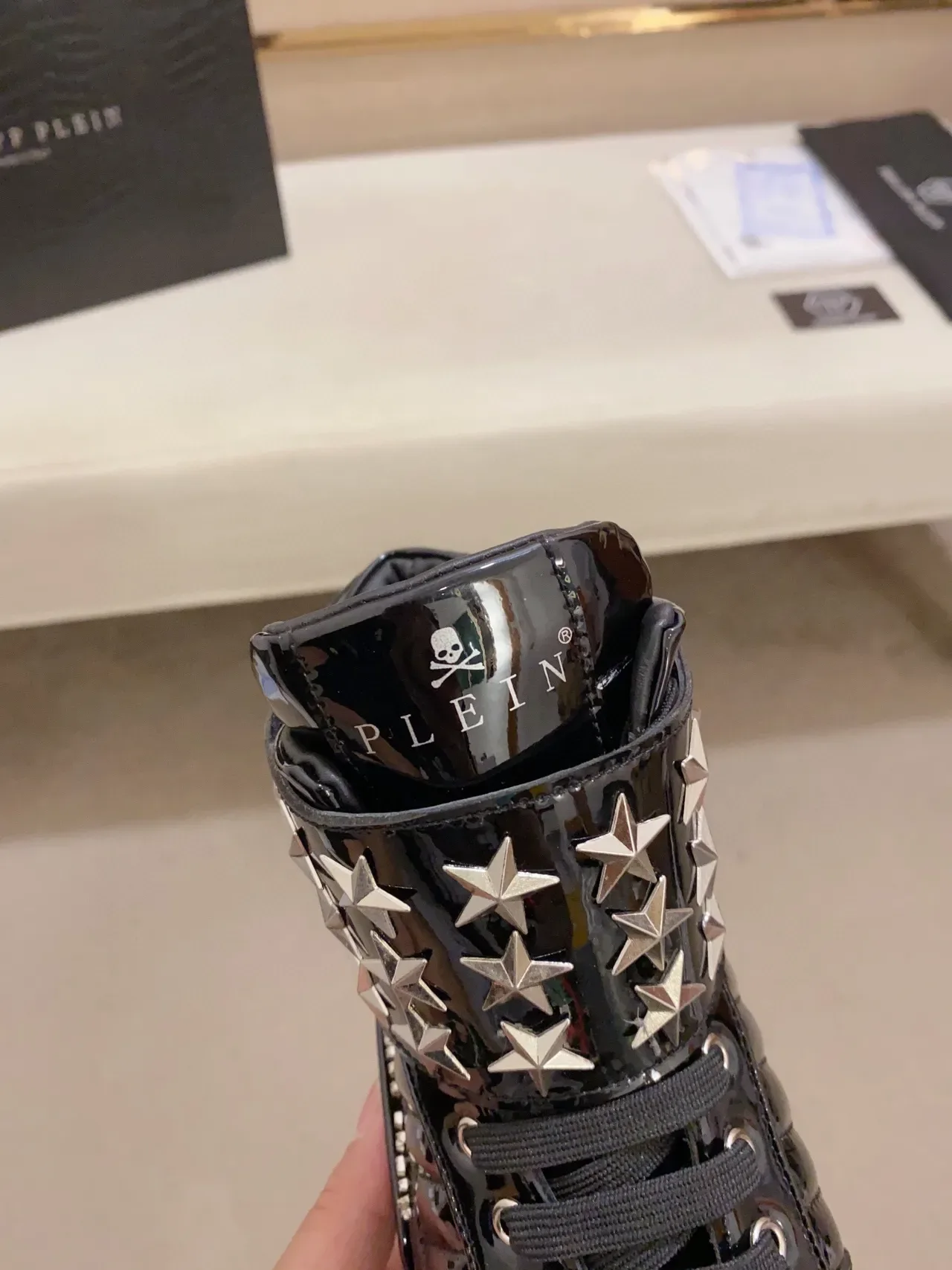 Philipp Plein Black White Glossy Patent Star-Studded Ankle Strap Lifestyle Sneakers 4