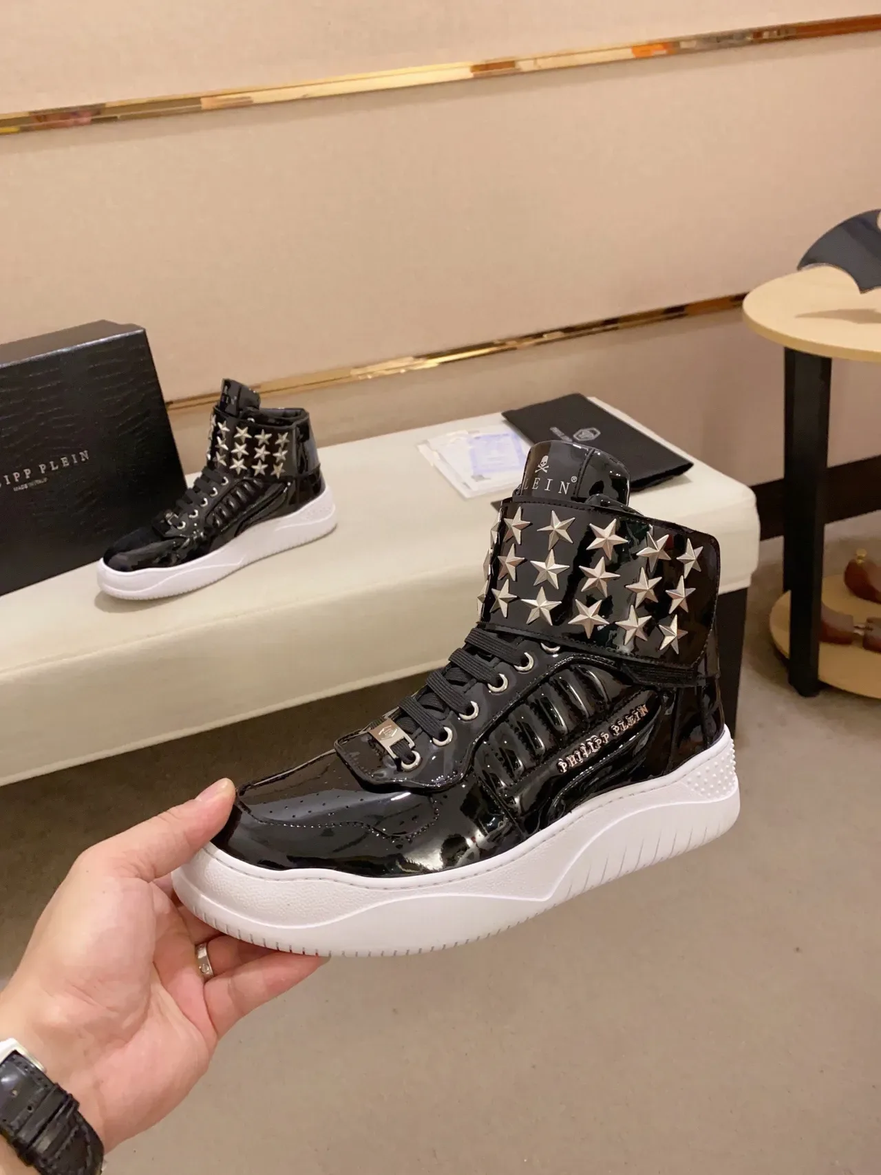 Philipp Plein Black White Glossy Patent Star-Studded Ankle Strap Lifestyle Sneakers 5