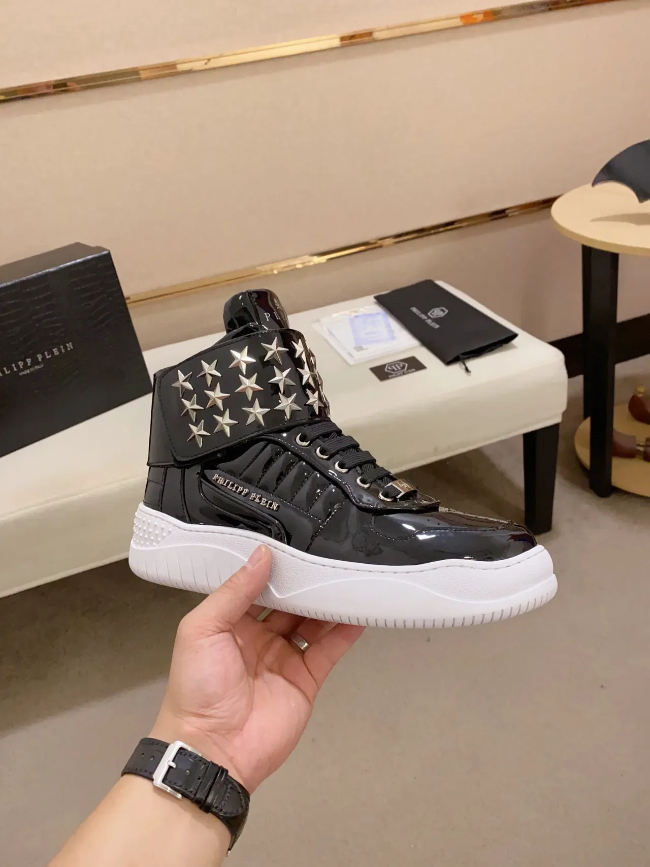 Philipp Plein Black White Glossy Patent Star-Studded Ankle Strap Lifestyle Sneakers 6