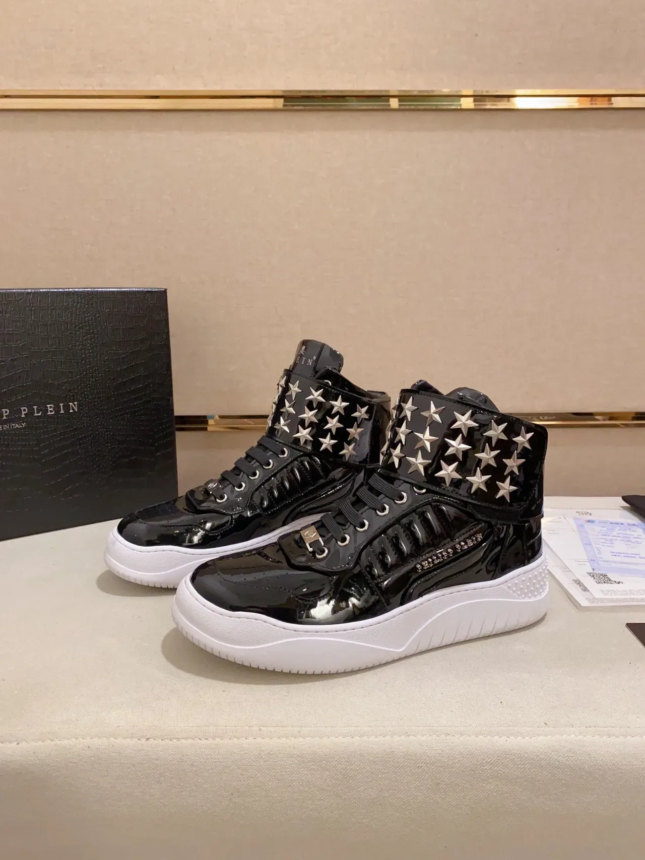 Philipp Plein Black White Glossy Patent Star-Studded Ankle Strap Lifestyle Sneakers 7