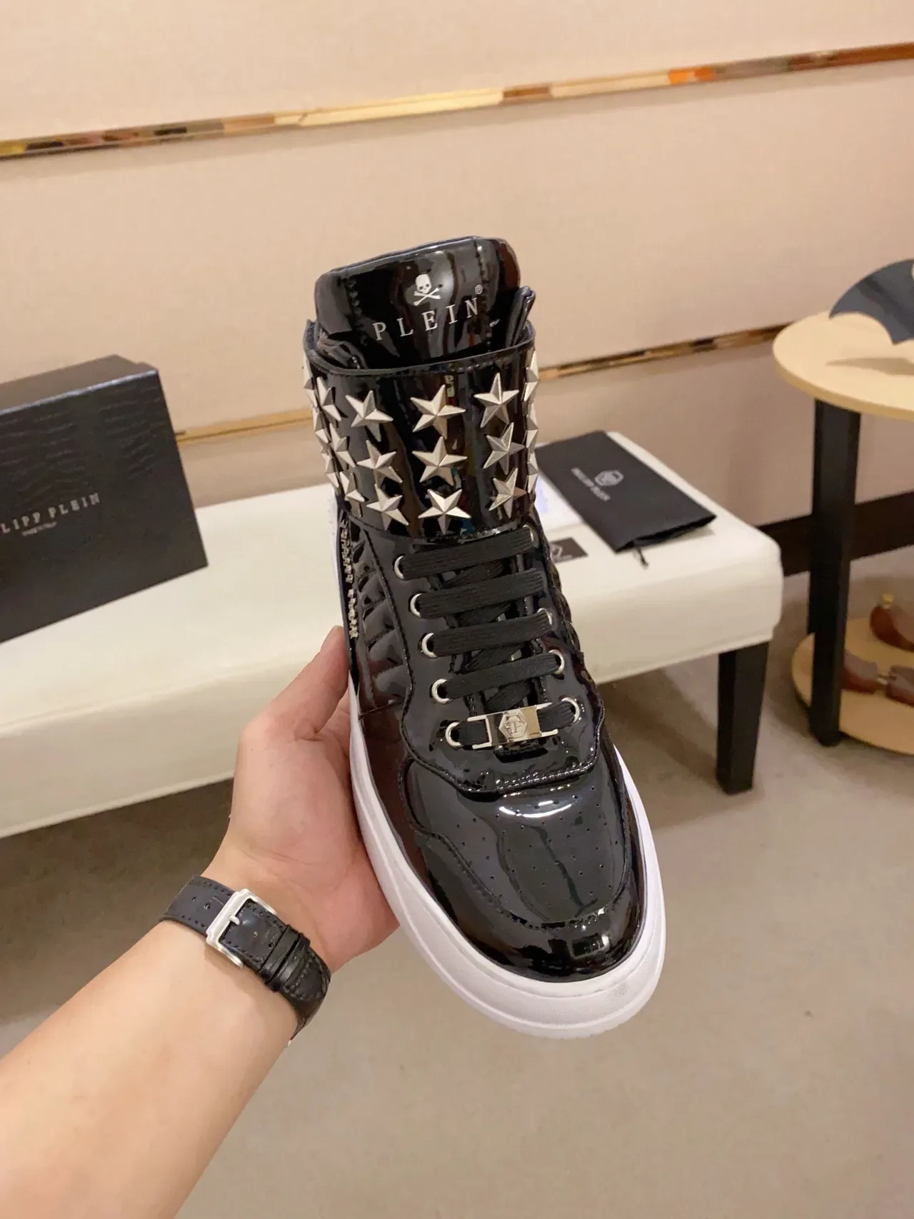 Philipp Plein Black White Glossy Patent Star-Studded Ankle Strap Lifestyle Sneakers 8