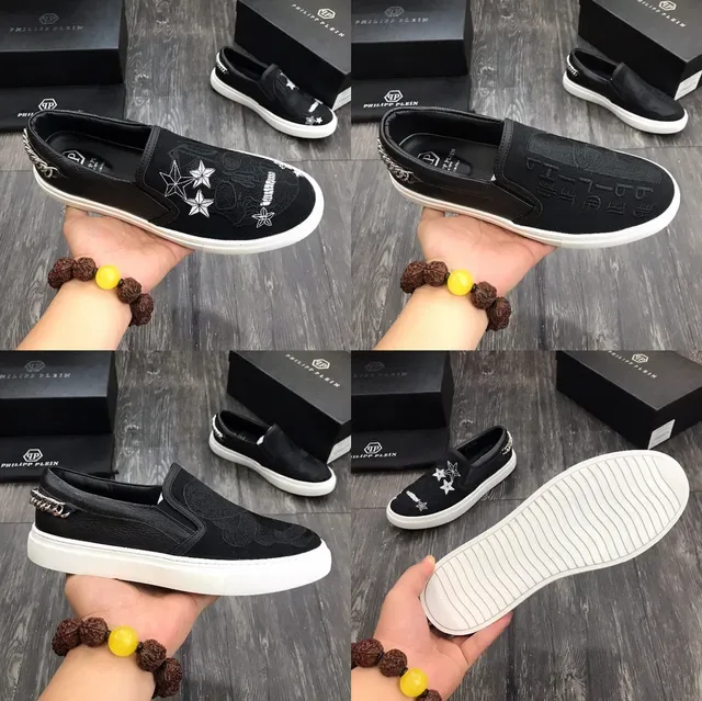 Philipp Plein Sneakers Lifestyle Noir Blanc Slip-On Panneau Floral Brodé 2