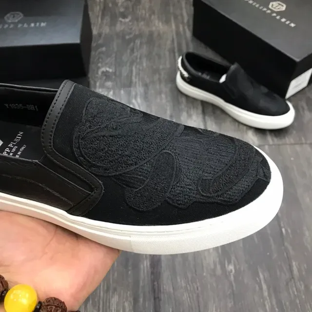 Philipp Plein Sneakers Lifestyle Noir Blanc Slip-On Panneau Floral Brodé 5