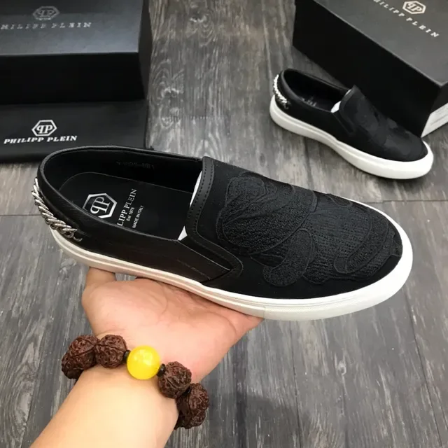 Philipp Plein Sneakers Lifestyle Noir Blanc Slip-On Panneau Floral Brodé 6