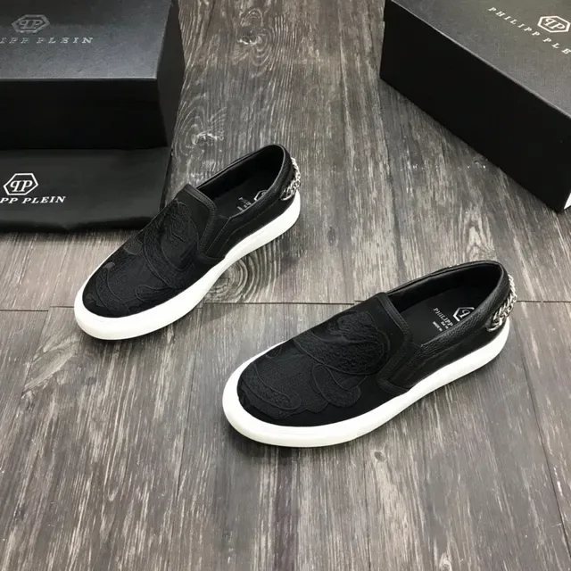 Philipp Plein Sneakers Lifestyle Noir Blanc Slip-On Panneau Floral Brodé 8