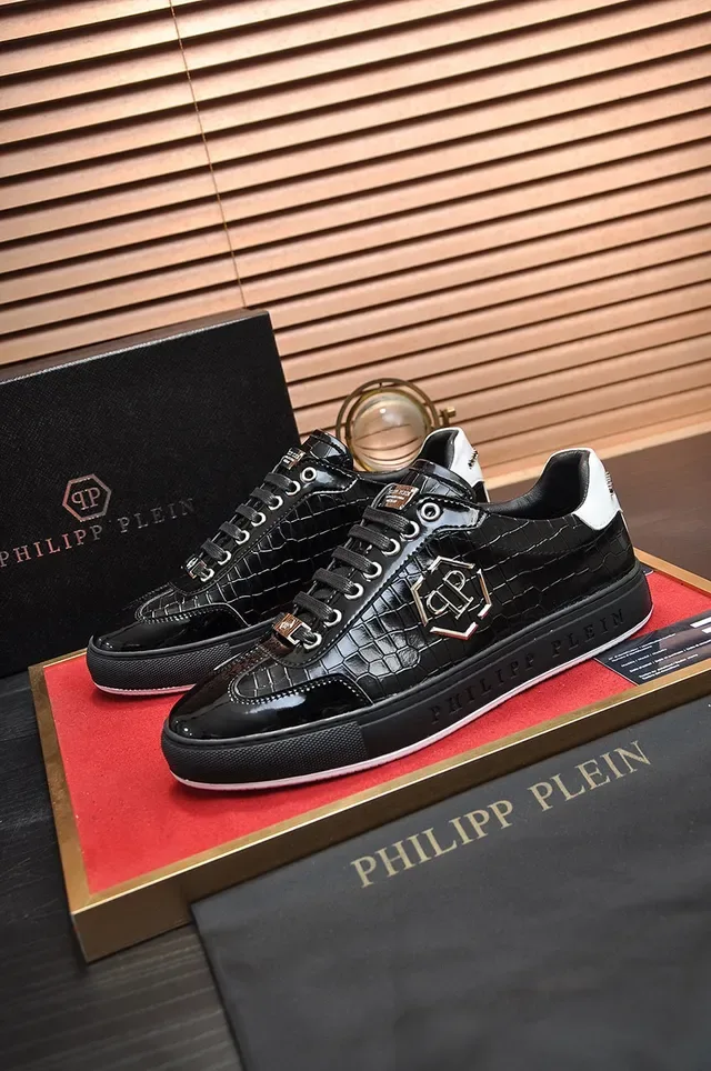 Philipp Plein Lifestyle Sneakers Preto Prata Couro Patentado com Embossado Crocodilo Logotipo PP Hexagonal Lifestyle Sneakers 7