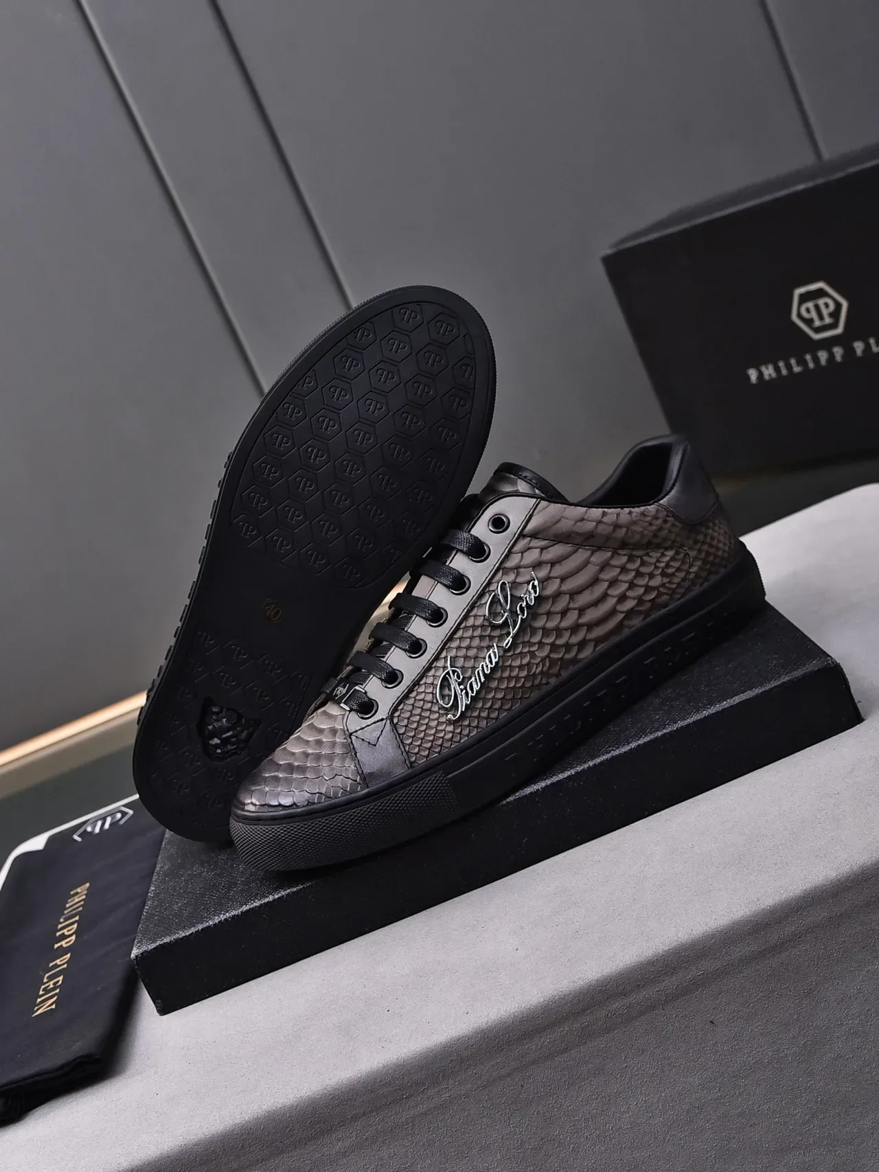 Philipp Plein Snakeskin-Textured Gray and Black Lifestyle Sneakers 4