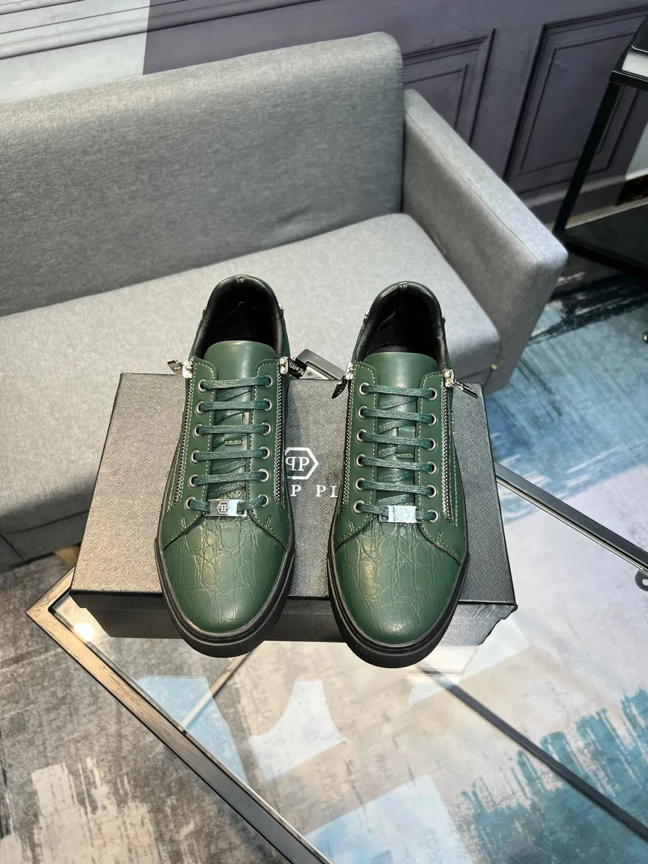 Philipp Plein Sport 绿色黑色鳄鱼压纹皮革 侧拉链细节 生活方式运动鞋 2