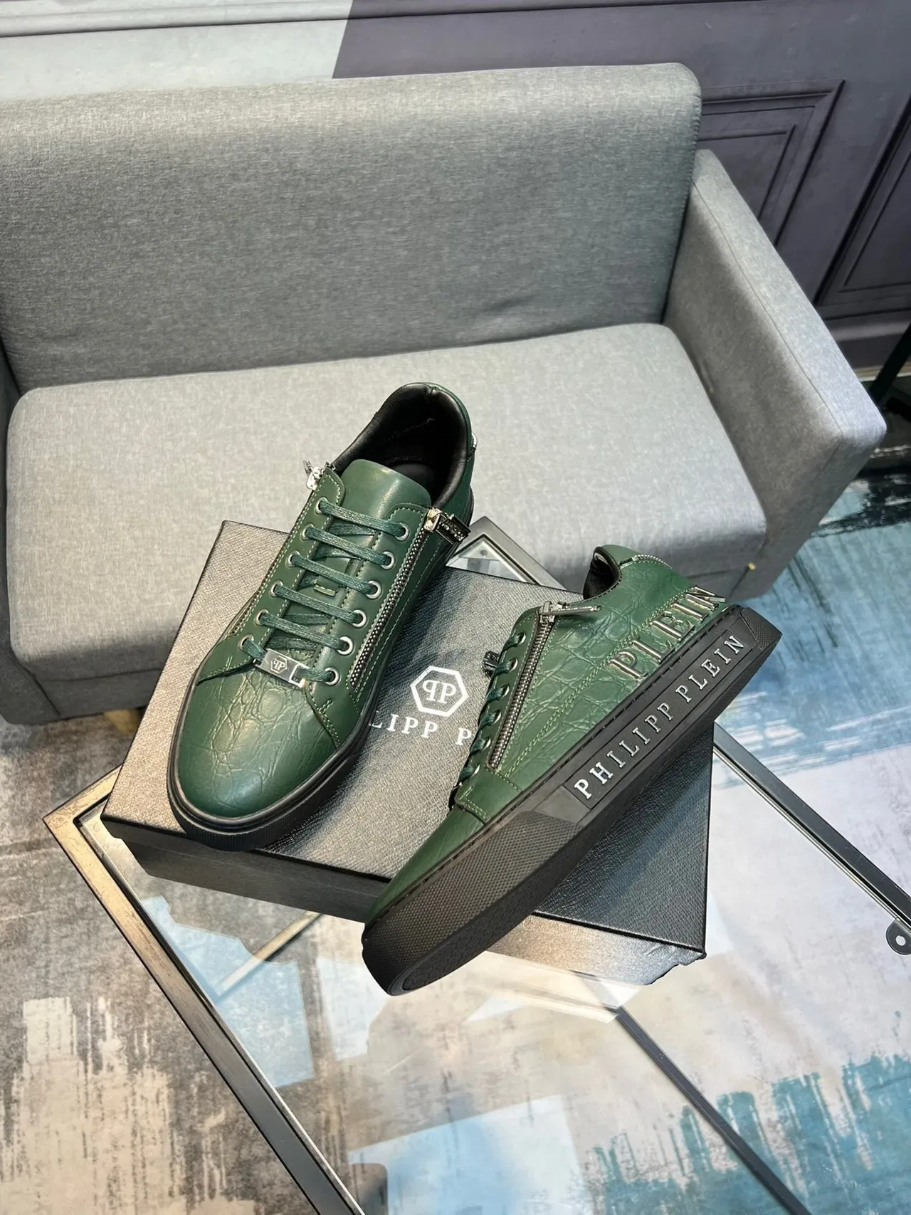 Philipp Plein Sport 绿色黑色鳄鱼压纹皮革 侧拉链细节 生活方式运动鞋 3