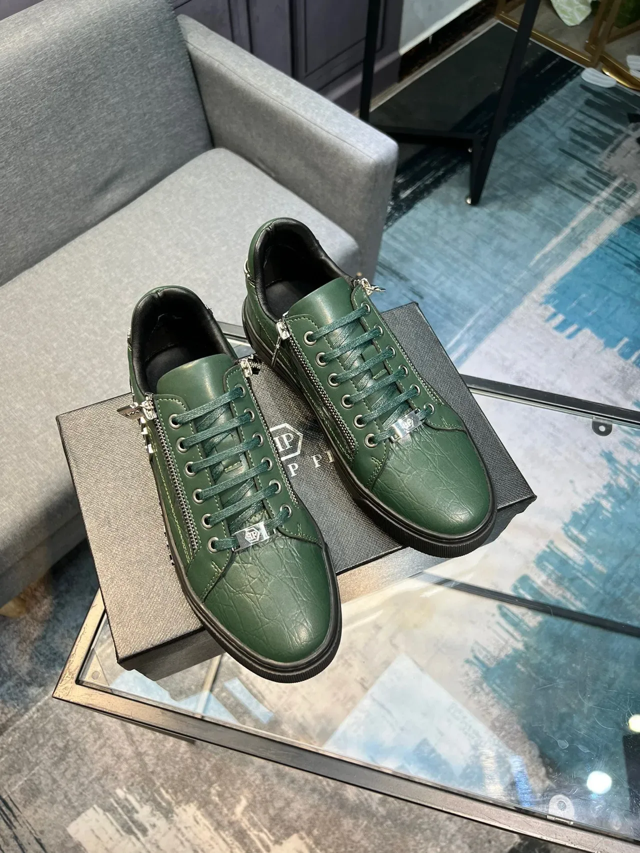 Philipp Plein Sport 绿色黑色鳄鱼压纹皮革 侧拉链细节 生活方式运动鞋 4