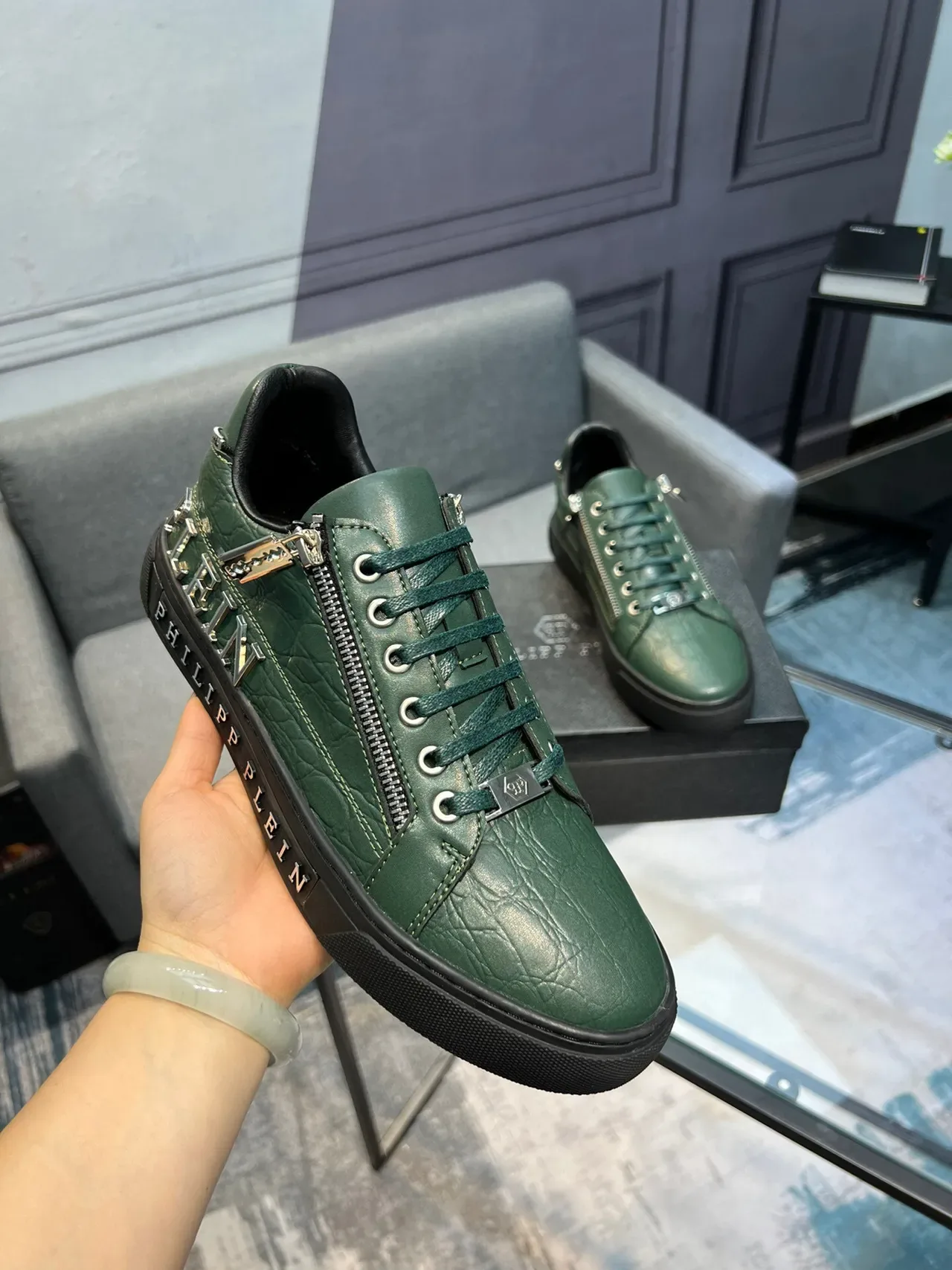 Philipp Plein Sport 绿色黑色鳄鱼压纹皮革 侧拉链细节 生活方式运动鞋 5