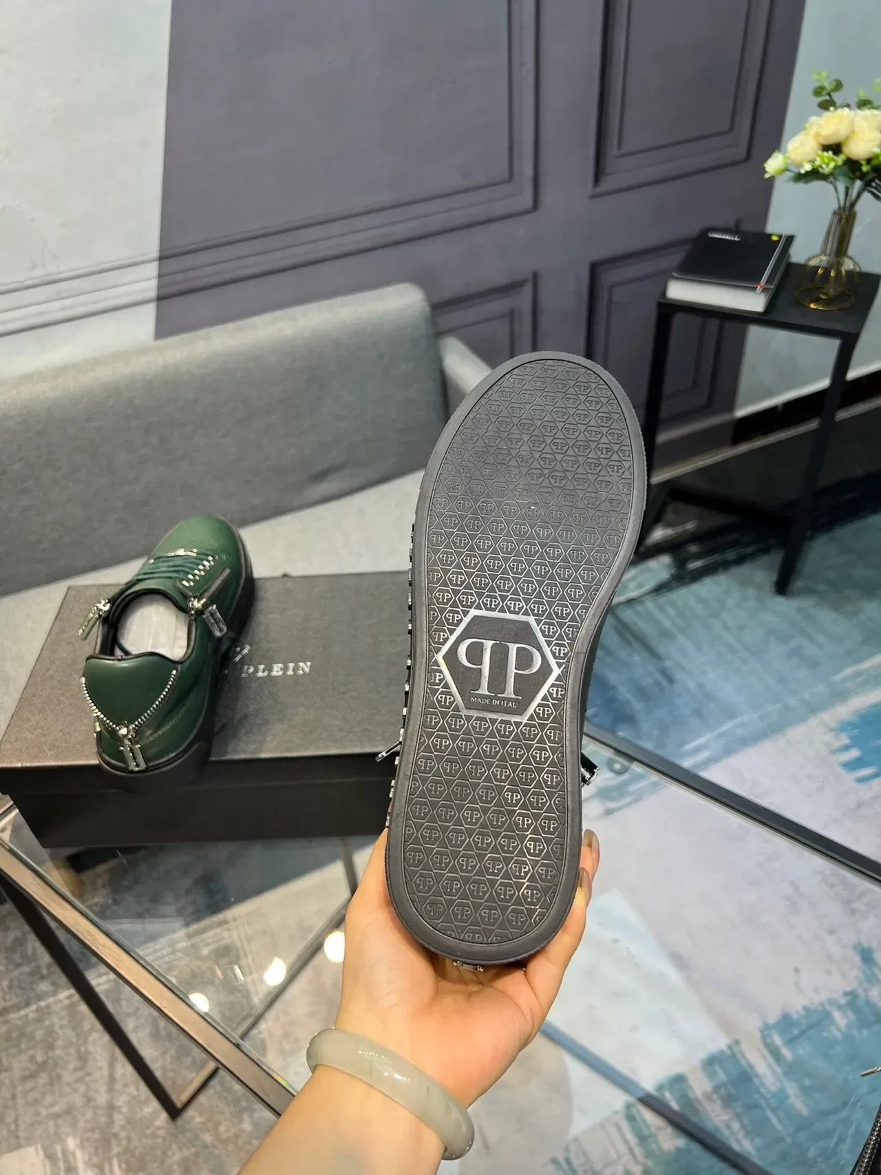 Philipp Plein Sport 绿色黑色鳄鱼压纹皮革 侧拉链细节 生活方式运动鞋 6