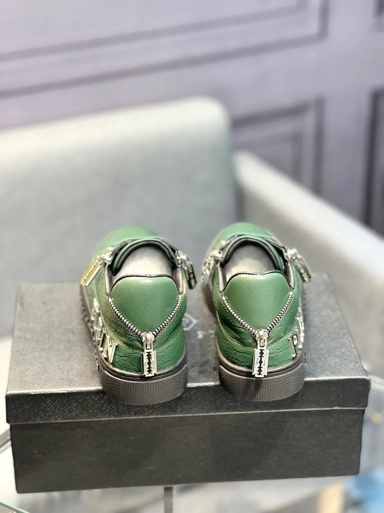 Philipp Plein Sport 绿色黑色鳄鱼压纹皮革 侧拉链细节 生活方式运动鞋 7