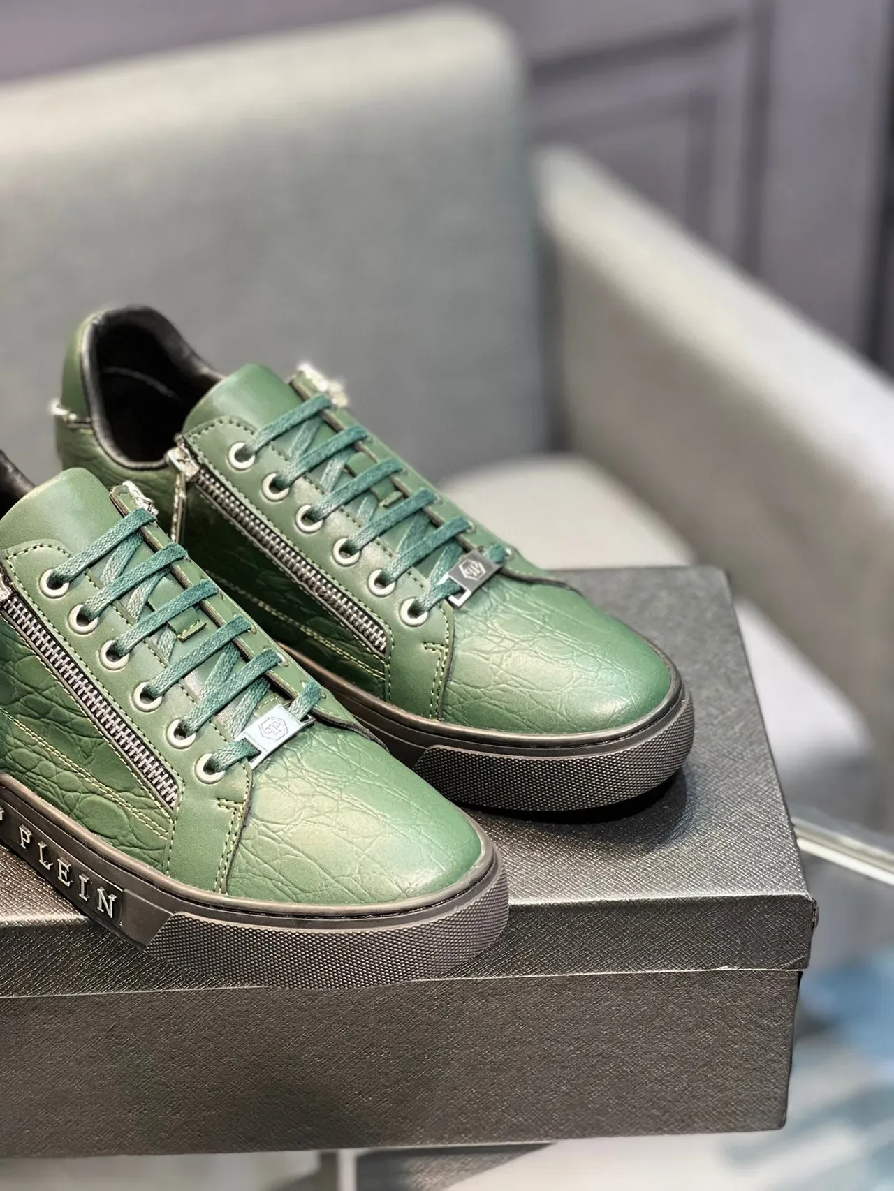 Philipp Plein Sport 绿色黑色鳄鱼压纹皮革 侧拉链细节 生活方式运动鞋 8