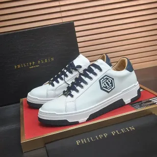 Philipp Plein White and Navy Hexagonal Logo Lifestyle Sneakers