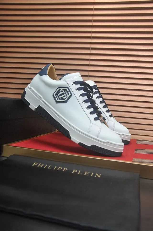 Philipp Plein أبيض ونافي بشعار سداسي حذاء رياضي ستايل 4