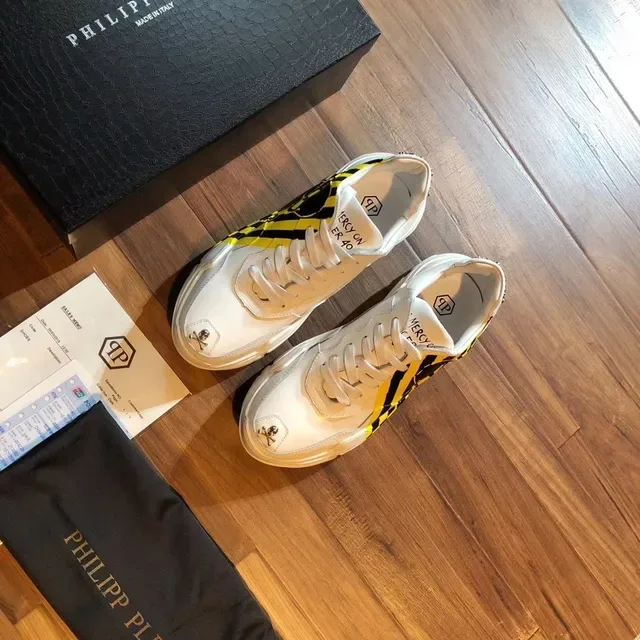 Philipp Plein أبيض أسود جلد علوي لوحة شريط خطر أسلوب الحياة أحذية رياضية 5