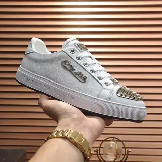 Philipp Plein White Leather Studded Toe Lifestyle Sneakers