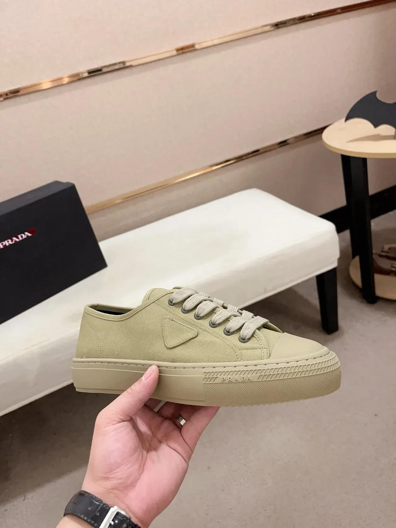 Prada Beige Canvas Upper Triangular Logo Patch Lifestyle Sneakers 4