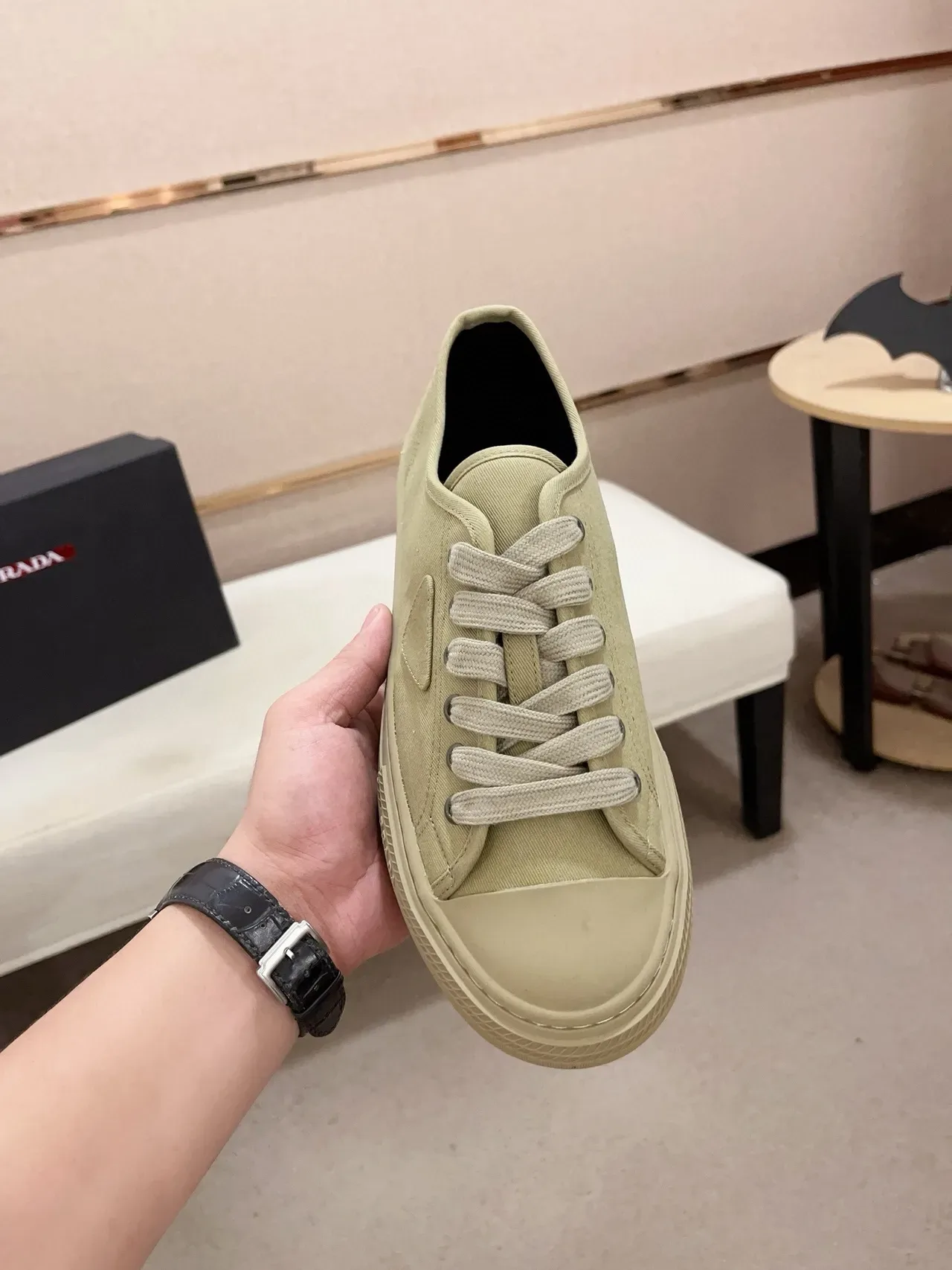 Prada Beige Canvas Upper Triangular Logo Patch Lifestyle Sneakers 5
