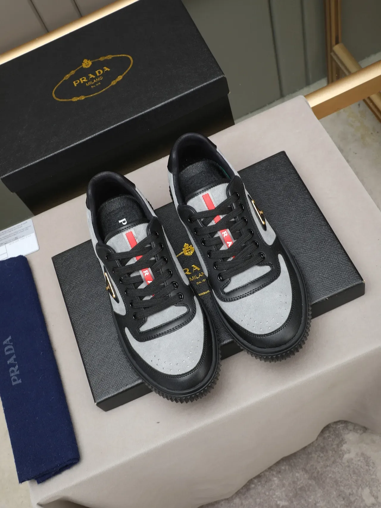Prada Black Gray Low-Top Mixed-Material Lifestyle Sneakers 3