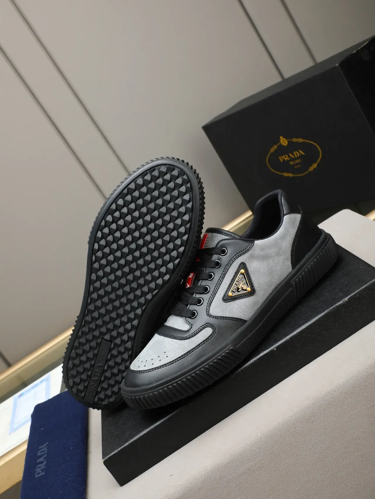 Prada Black Gray Low-Top Mixed-Material Lifestyle Sneakers 5