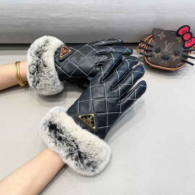 Prada Black Gray Quilted White Contrast Stitching Leather Gloves 10