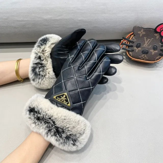 Prada Black Gray Quilted White Contrast Stitching Leather Gloves 2