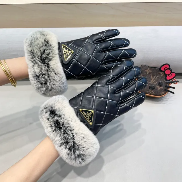 Prada Black Gray Quilted White Contrast Stitching Leather Gloves 3