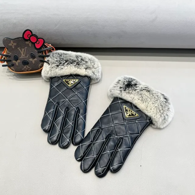 Prada Black Gray Quilted White Contrast Stitching Leather Gloves 11