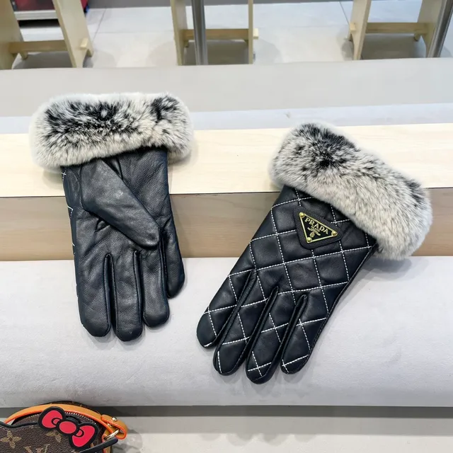Prada Black Gray Quilted White Contrast Stitching Leather Gloves 4