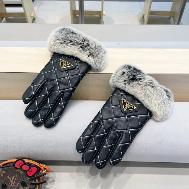 Prada Black Gray Quilted White Contrast Stitching Leather Gloves 5
