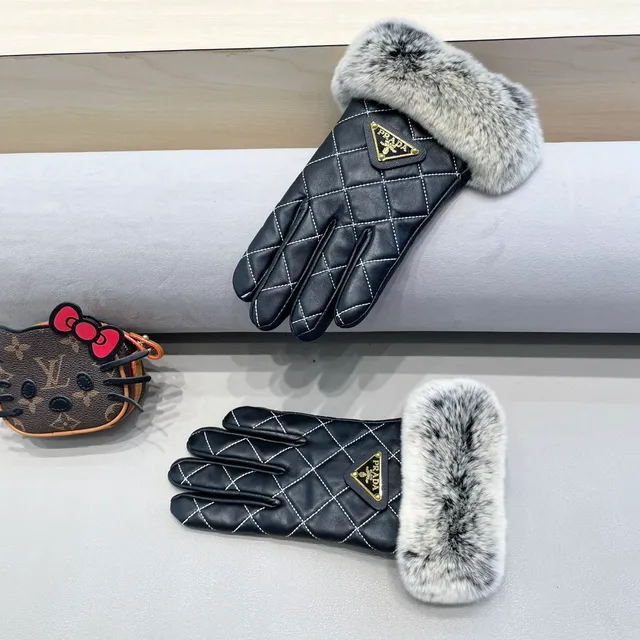 Prada Black Gray Quilted White Contrast Stitching Leather Gloves 9