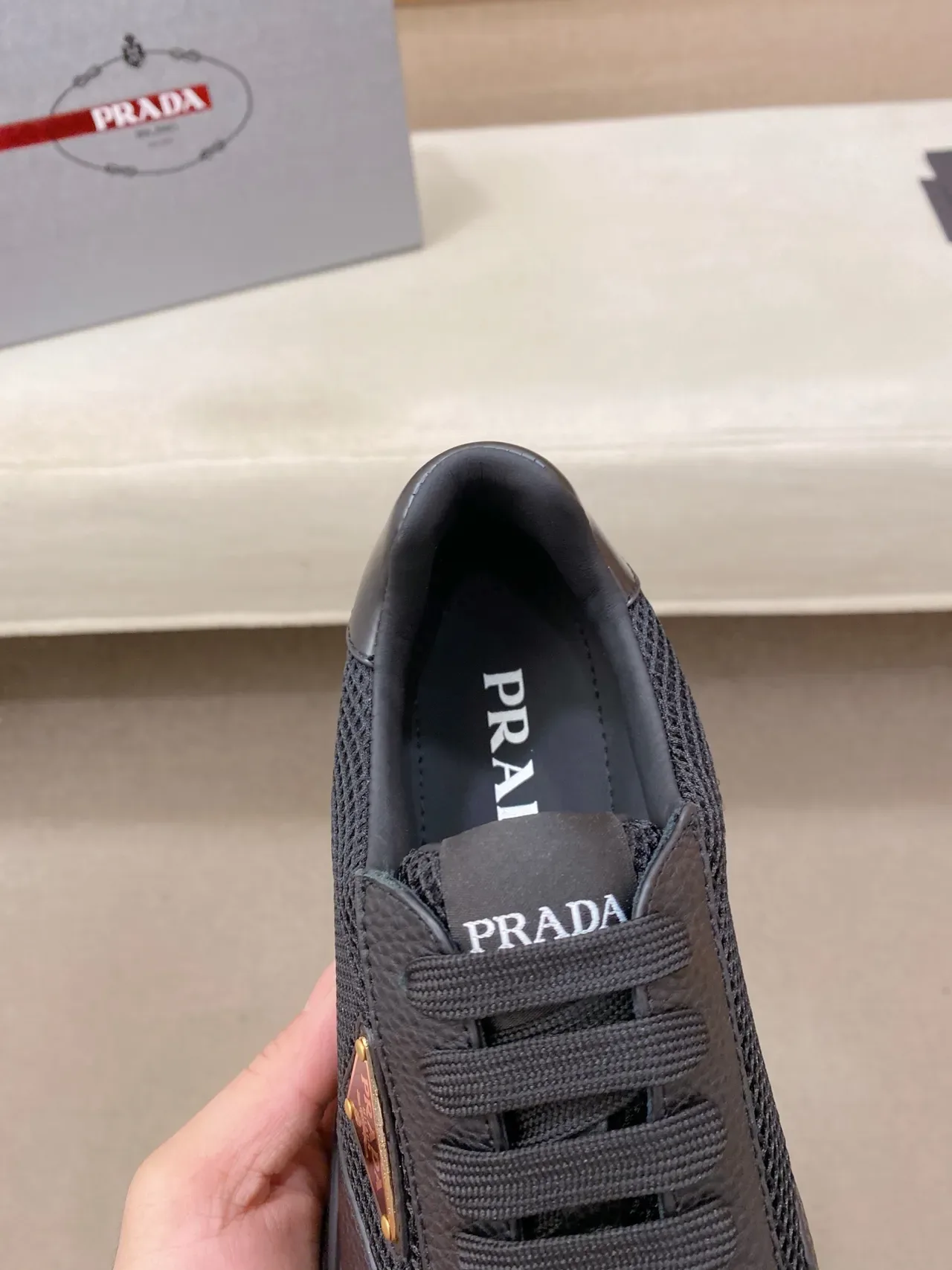 Prada Black Mixed-Material Upper Textured Leather Toe Cap Lifestyle Sneakers 5