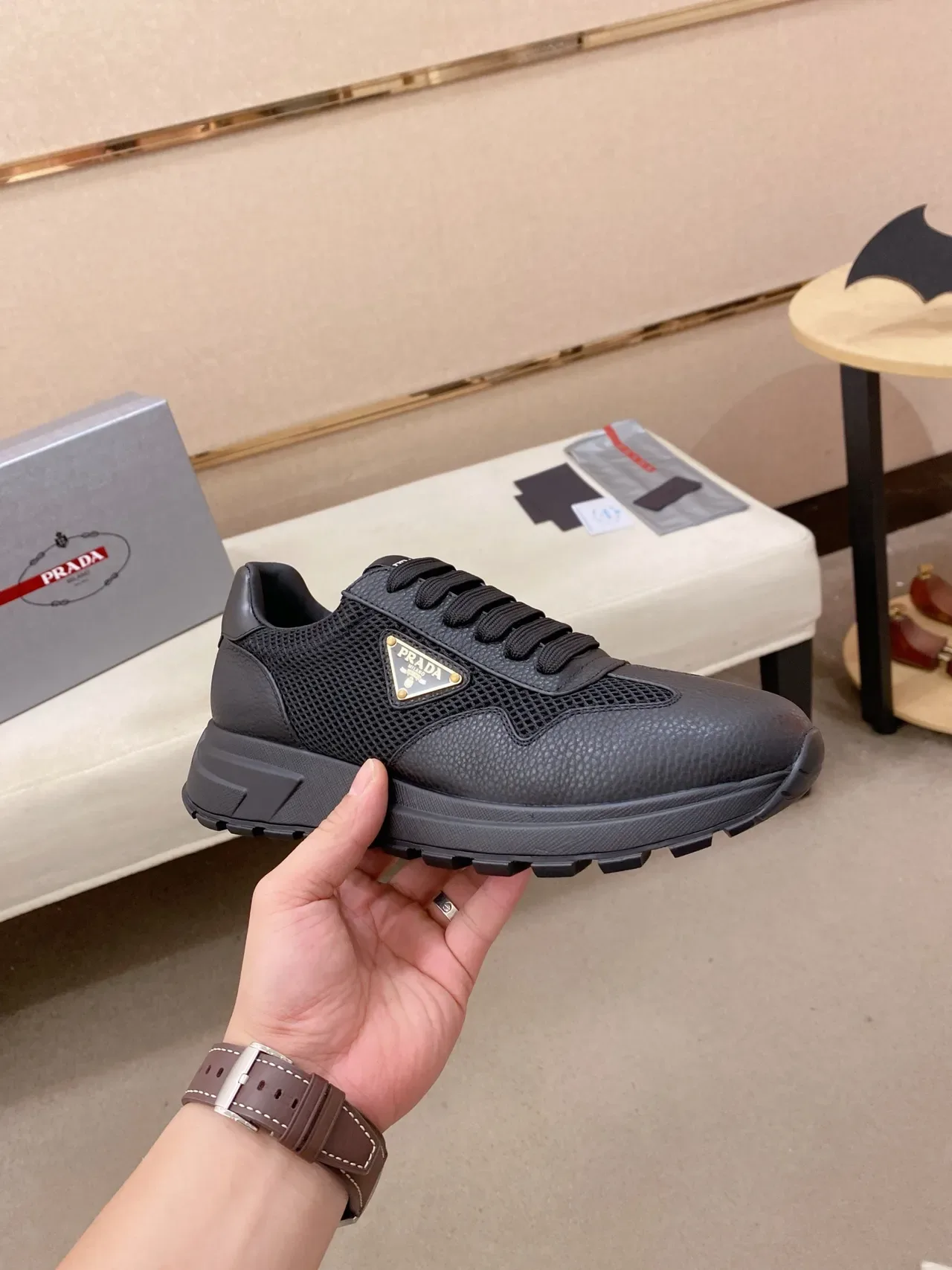 Prada Black Mixed-Material Upper Textured Leather Toe Cap Lifestyle Sneakers 6