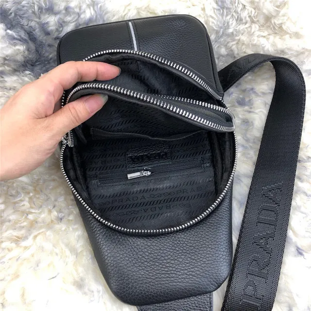Prada Black Silver Pebbled Leather Double-Zip Closure Crossbody Bag 2