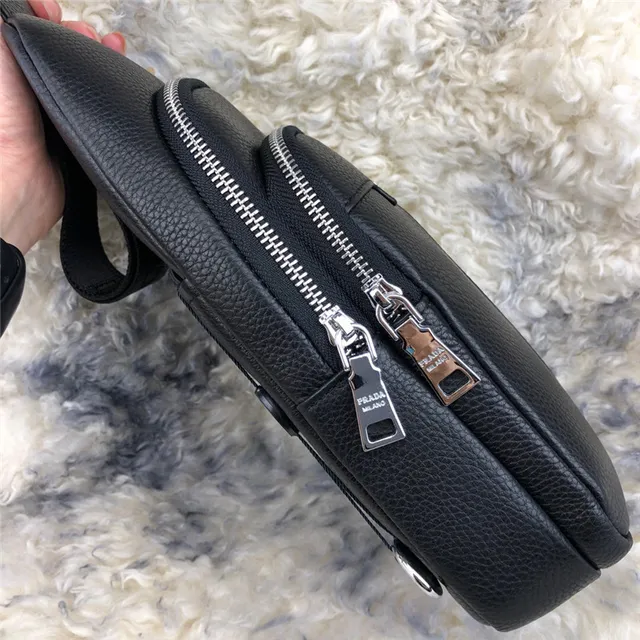 Prada Black Silver Pebbled Leather Double-Zip Closure Crossbody Bag 4