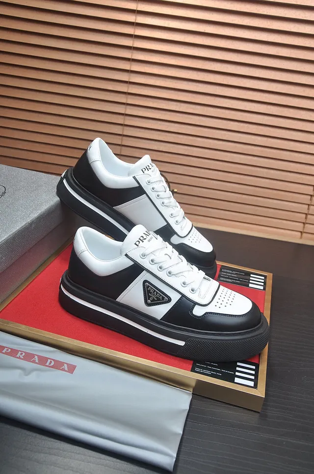 Prada Black White Two-Tone Leather Triangular Logo Plaque Lifestyle Sneakers 4