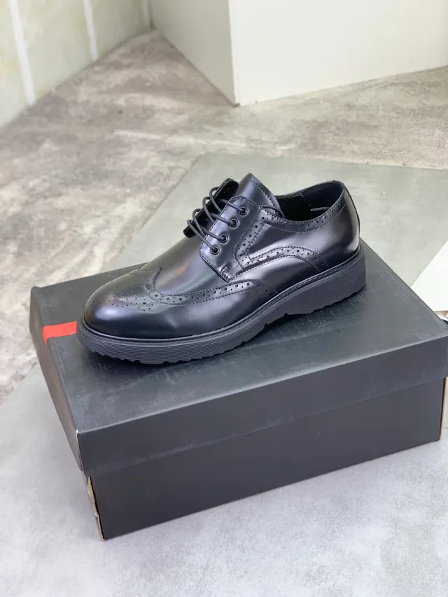 Prada Black Wingtip Polished Leather Brogue 4