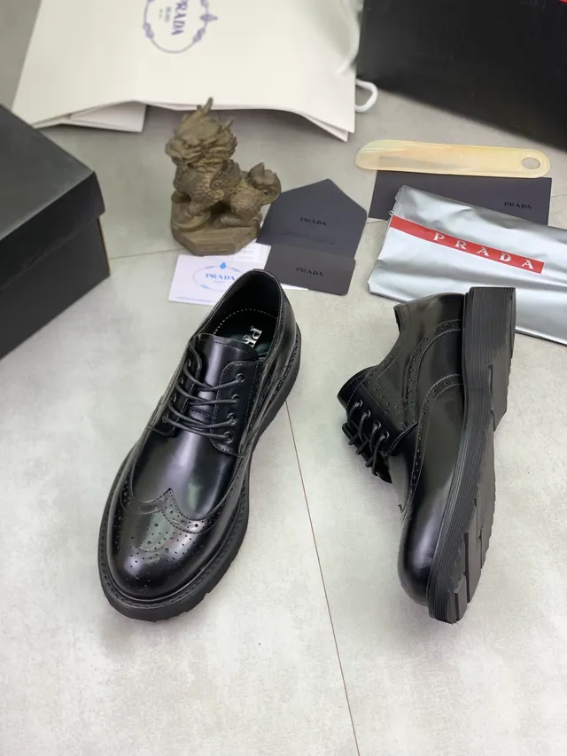 Prada Black Wingtip Polished Leather Brogue 5