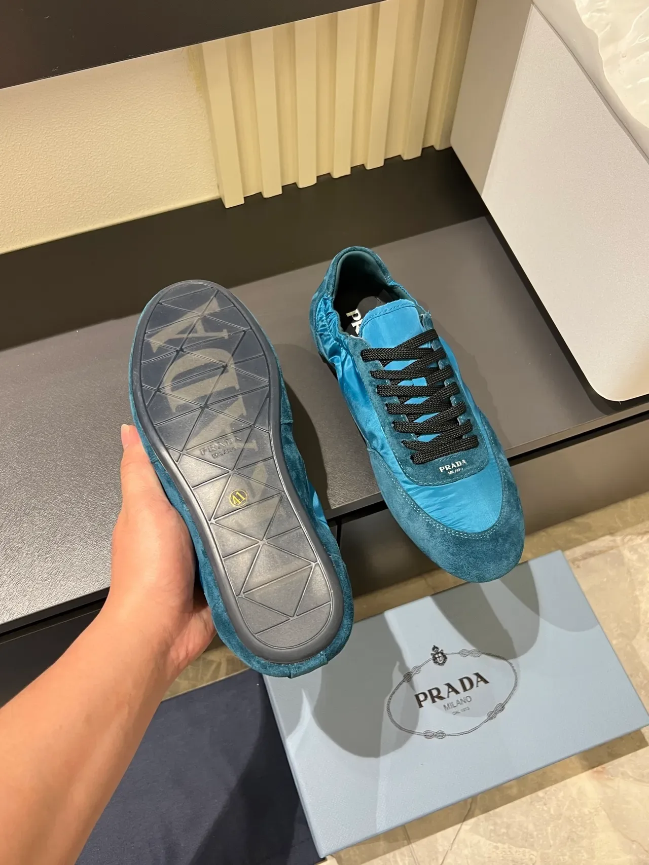 Prada Blue Black Mixed-Material Upper Suede And Nylon Paneling Lifestyle Sneakers 3