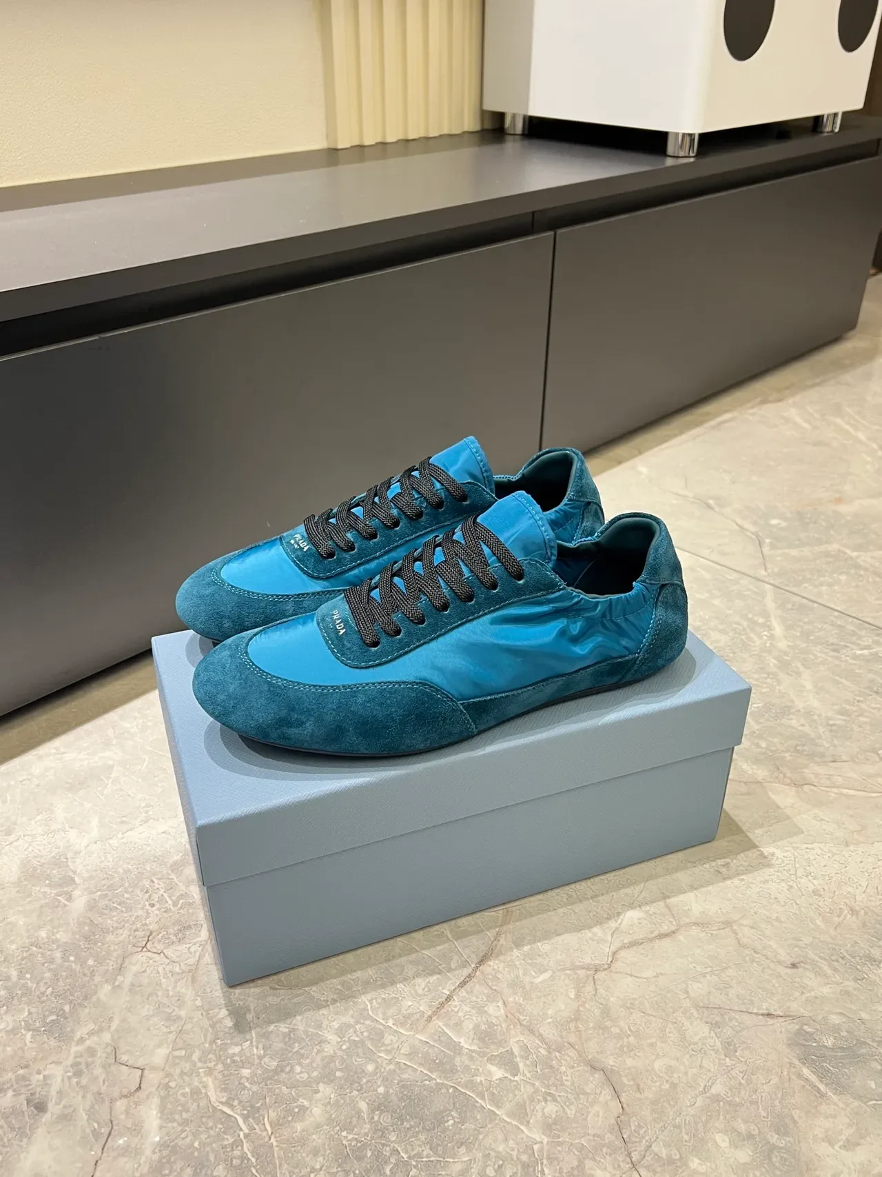 Prada Blue Black Mixed-Material Upper Suede And Nylon Paneling Lifestyle Sneakers 4