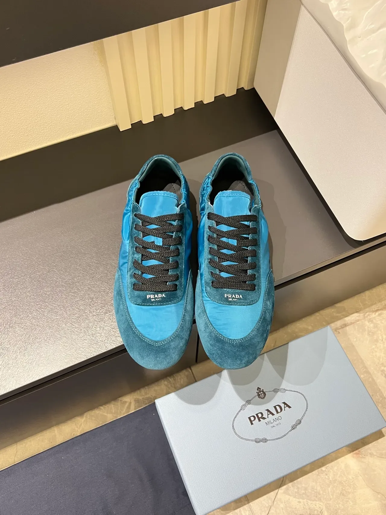 Prada Blue Black Mixed-Material Upper Suede And Nylon Paneling Lifestyle Sneakers 5