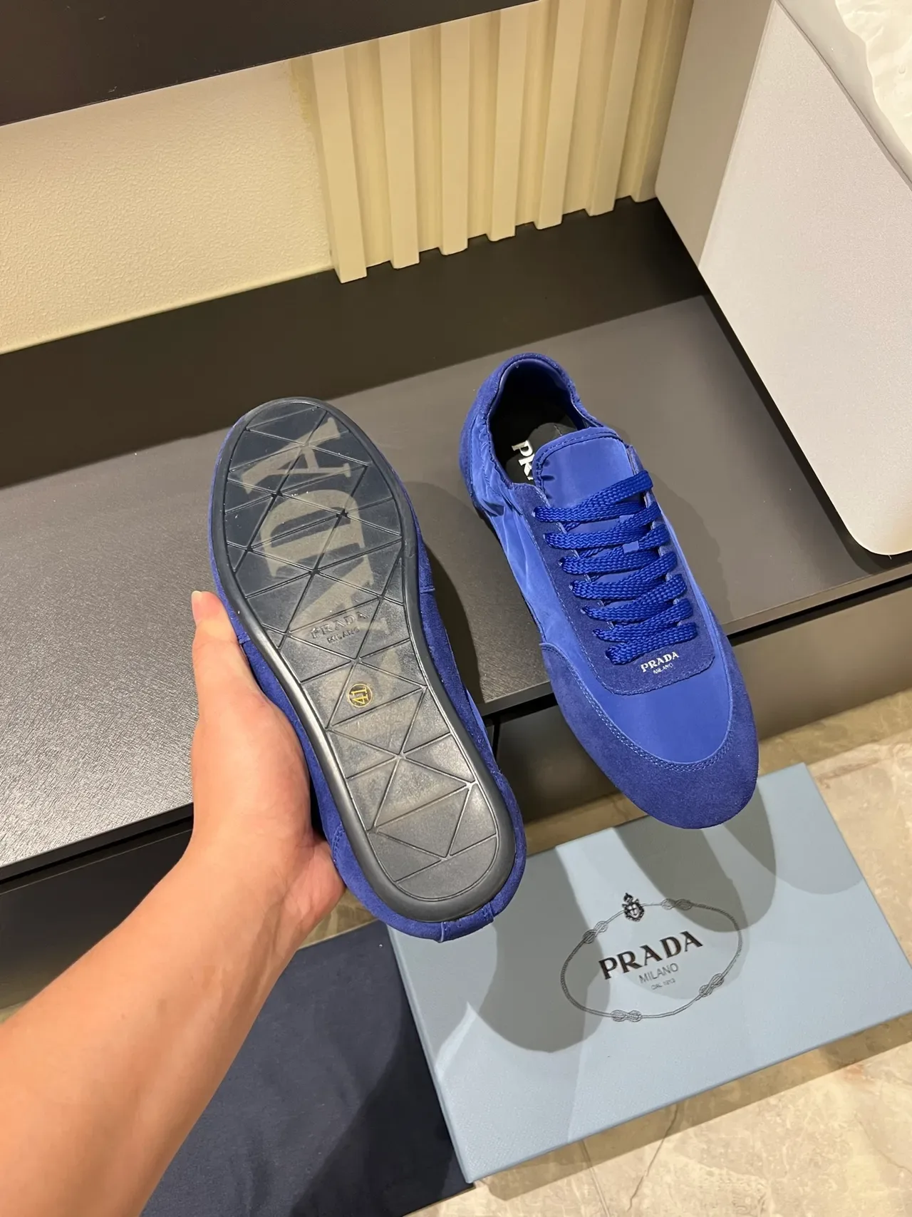 Prada Blue Monochromatic Nylon And Suede Mix Lifestyle Sneakers 3