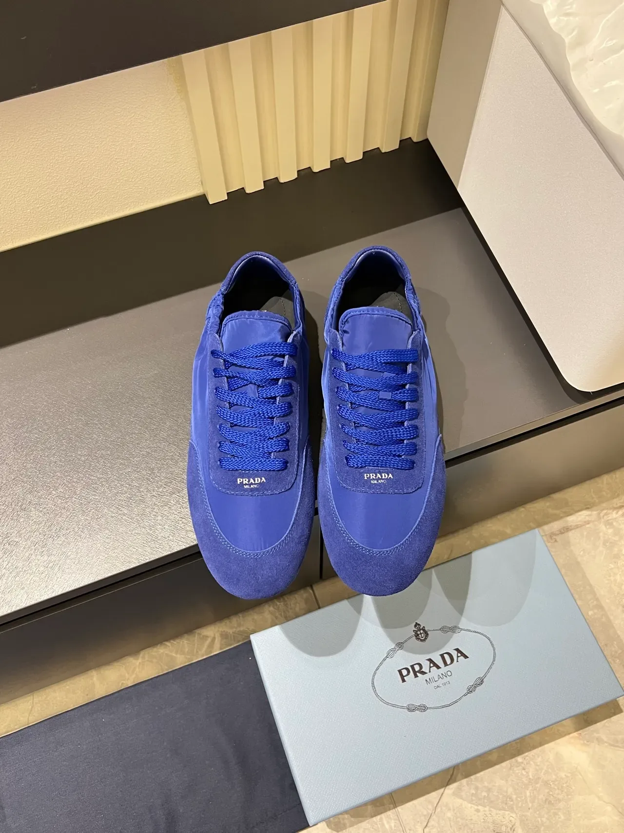 Prada Blue Monochromatic Nylon And Suede Mix Lifestyle Sneakers 5