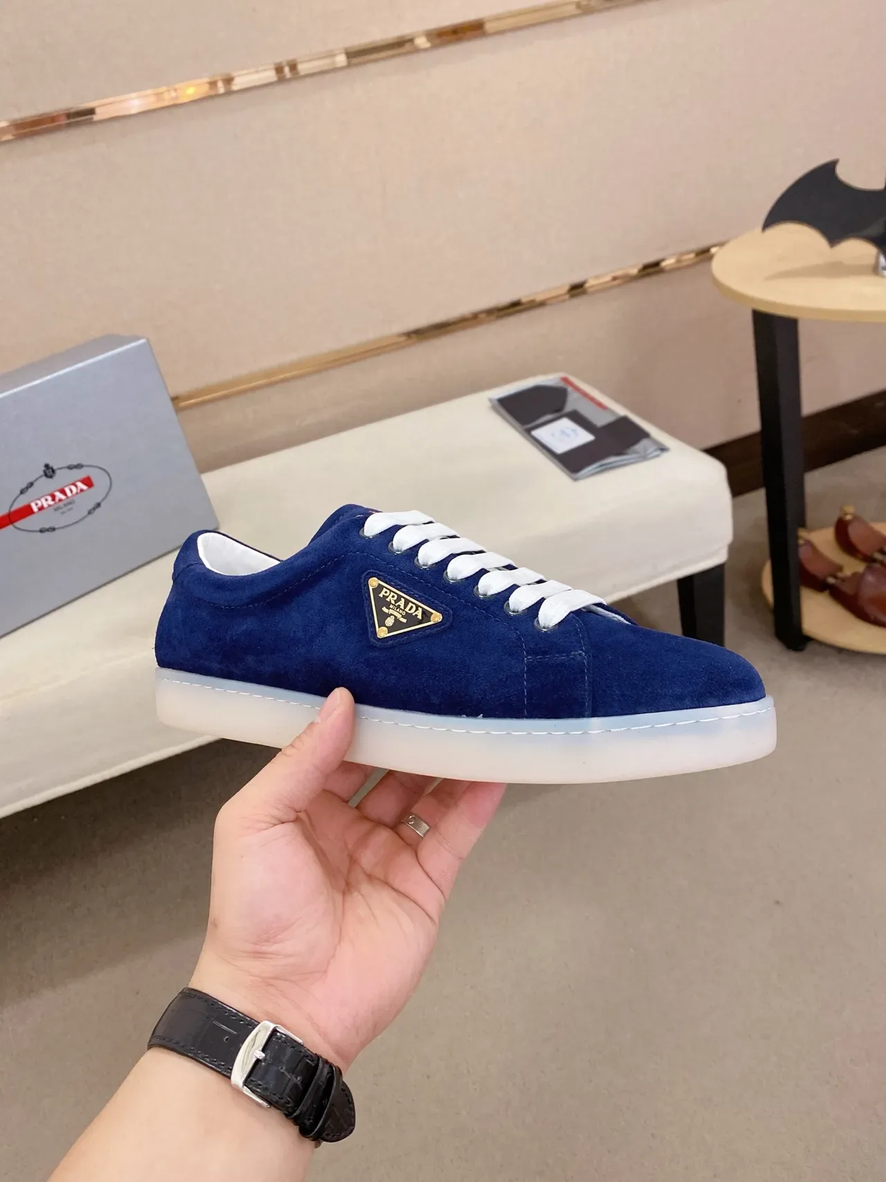 Prada Blue White Suede Upper Laces Lifestyle Sneakers 4