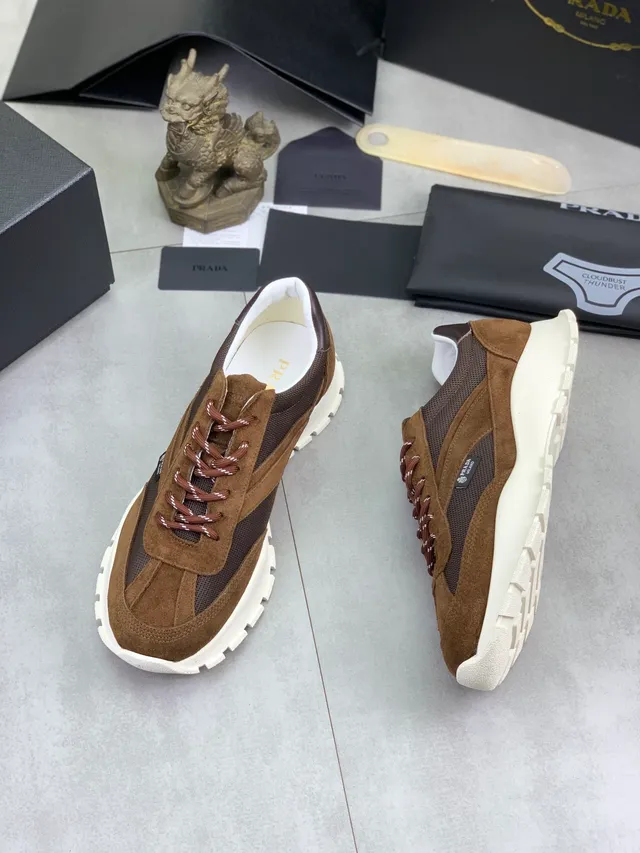 Prada Brown Beige Ridged Sole Suede And Mesh Paneling Chunky Sneakers 5