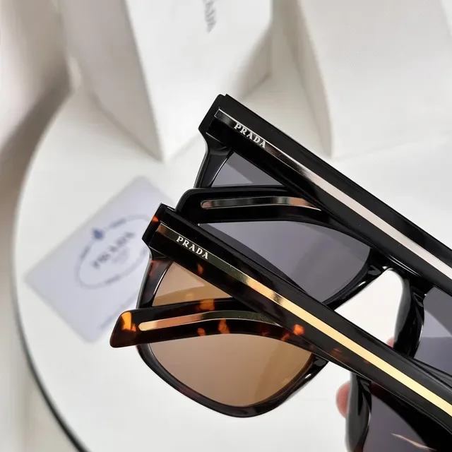 Prada Brown Gold Rectangular Frame Acetate Construction Sunglasses 4