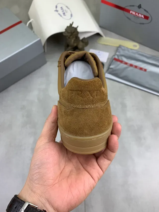 Prada Brown Suede And Textile Panel Construction Minimalist Logo Placement Lifestyle Sneakers 3